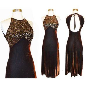 Vintage 80s 90s Dress S Small Slip Maxi Prom Party SEQUIN Bronze Gold Metallic